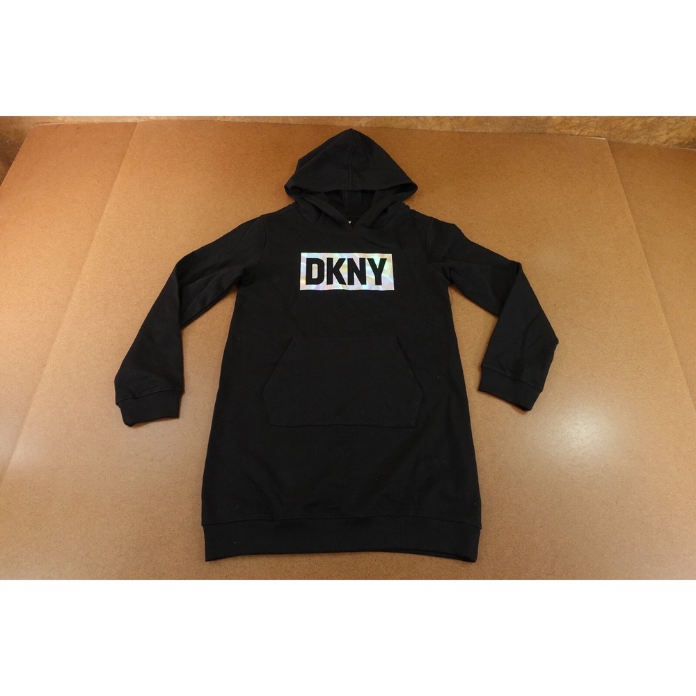 DKNY Girls Size XL (14/16) Black Fleece Box Logo Hooded Sweatshirt Dress New